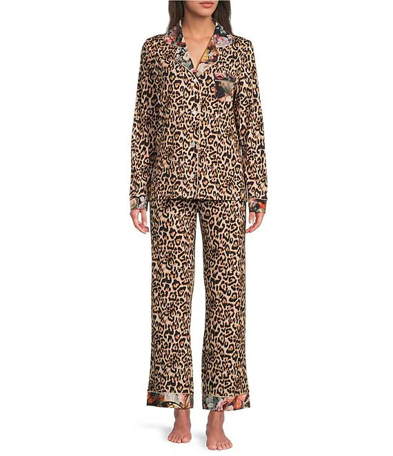 Long Sleeve Notch Collar Knit Leopard Print Long Pajama Set