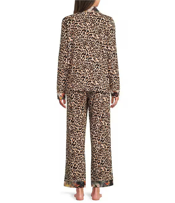 Long Sleeve Notch Collar Knit Leopard Print Long Pajama Set