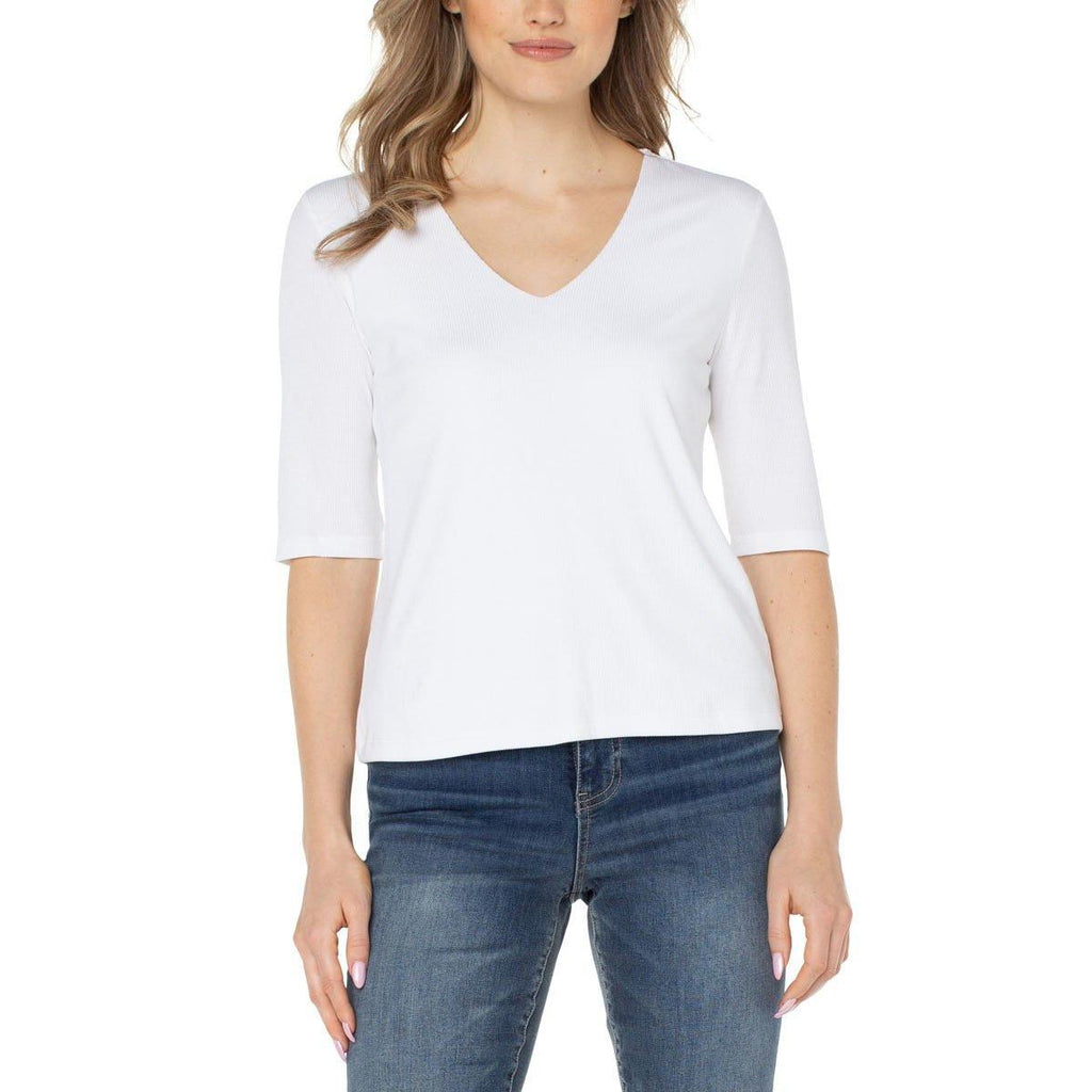 Double Layer V-neck Rib Knit Top - White