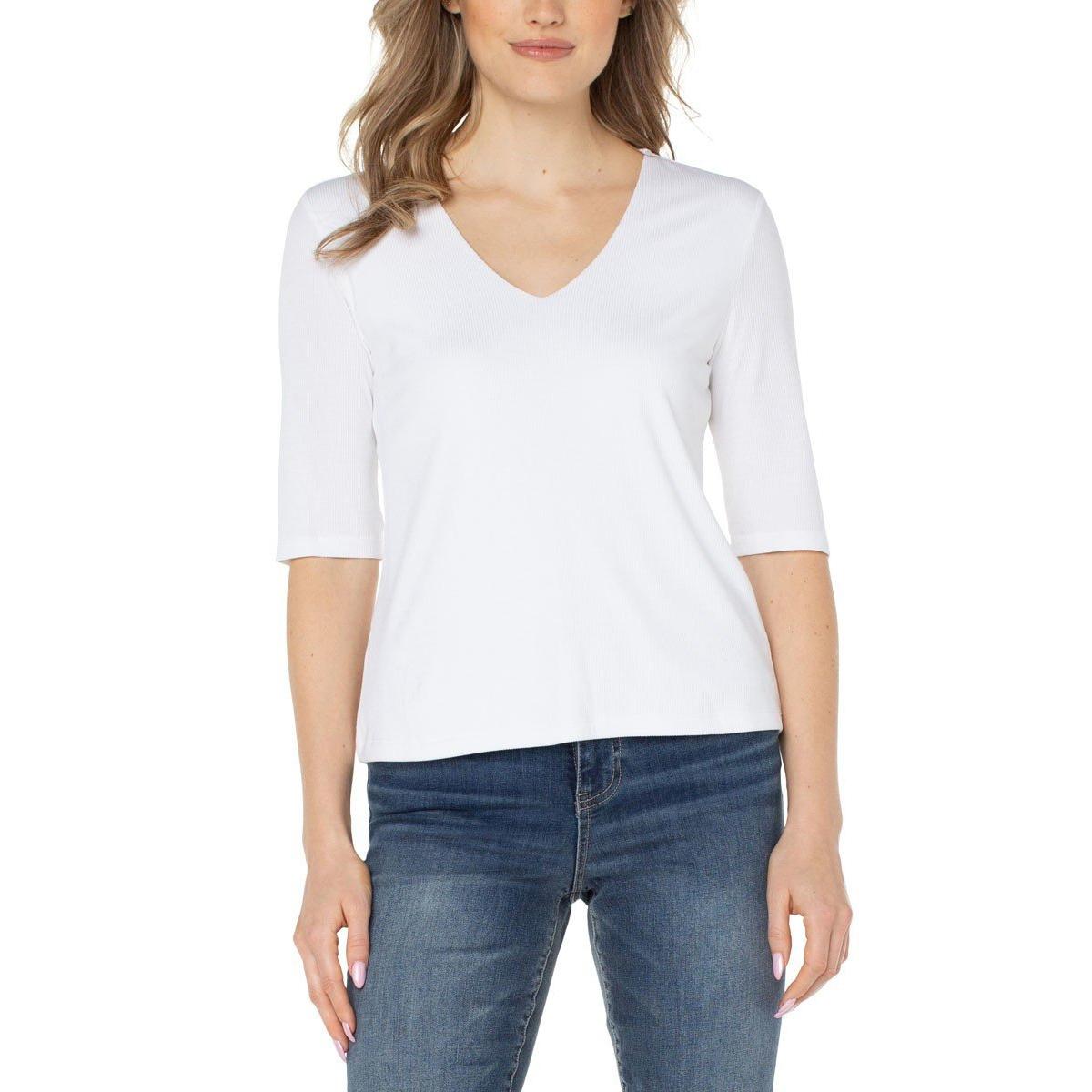 Double Layer V-neck Rib Knit Top - White