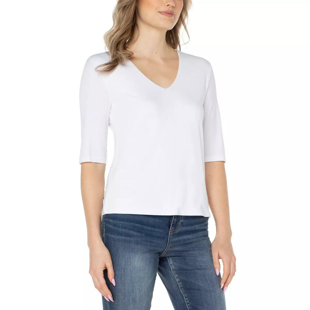 Double Layer V-neck Rib Knit Top - White
