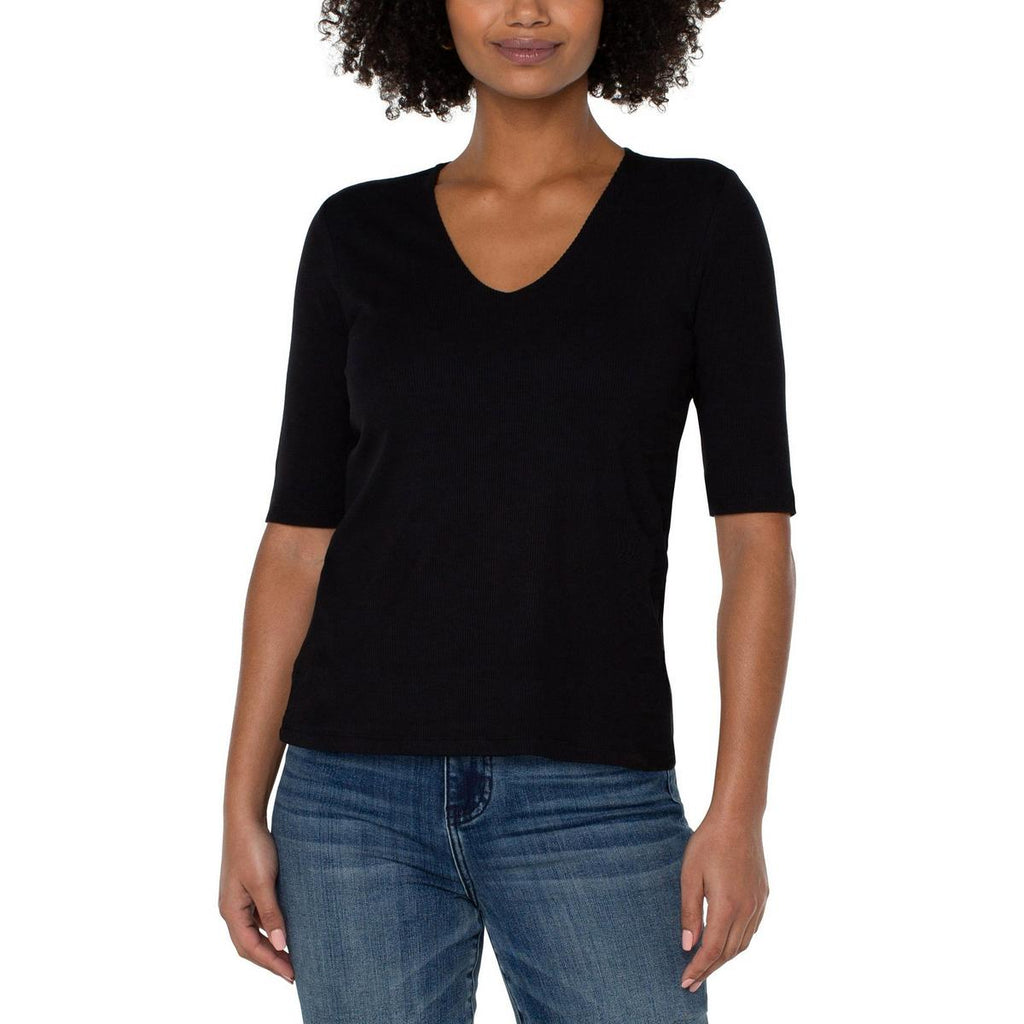 Double Layer V-neck Rib Knit Top - Black
