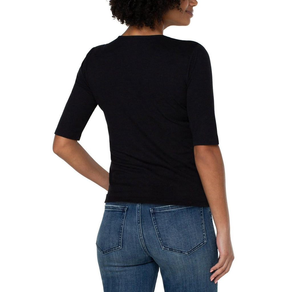 Double Layer V-neck Rib Knit Top - Black