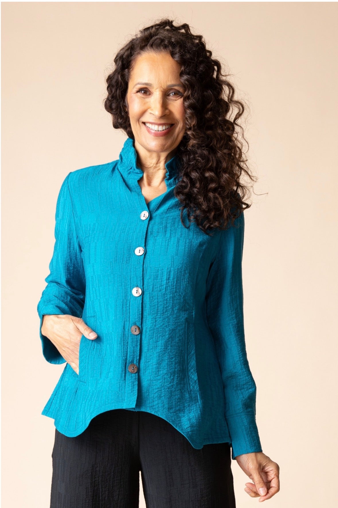 Rayon Jacquard Ruched Collar Shirt
