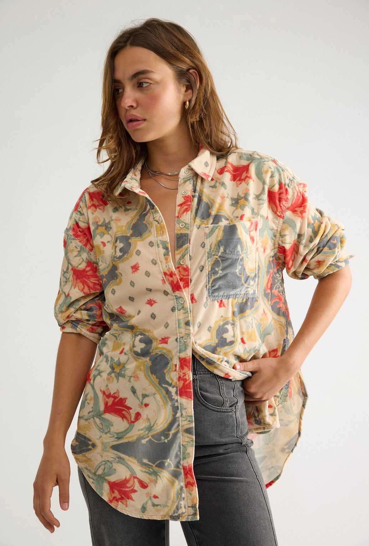 Alexi Printed Velvet Button Down