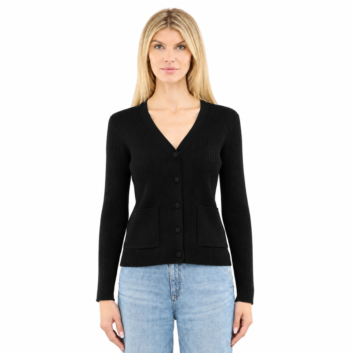 Long Sleeve Ribbed Cardi - Black