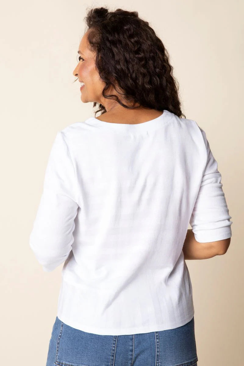 Shadow Stripe Elbow Sleeve Top - White