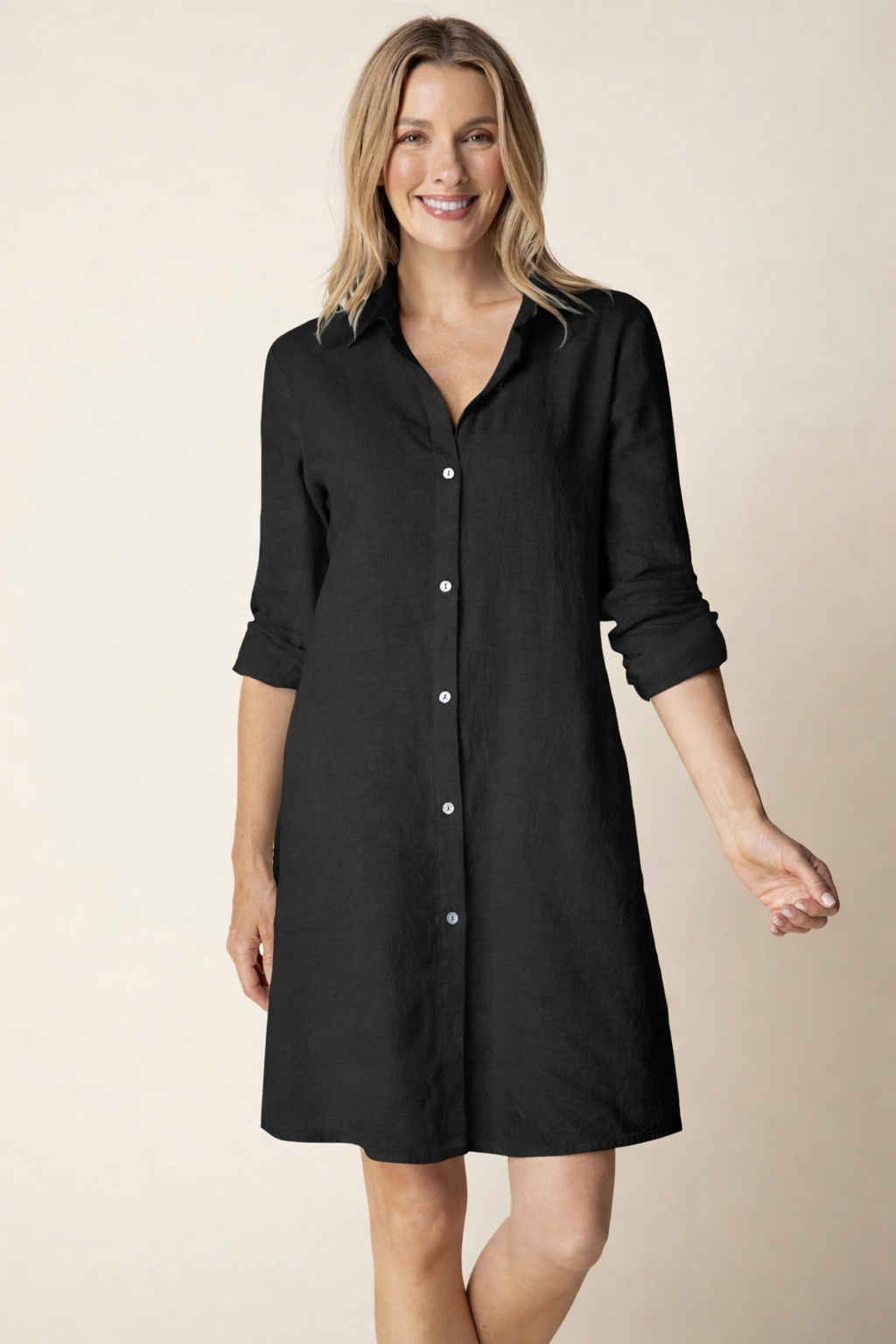 Linen Shirt Dress - Black