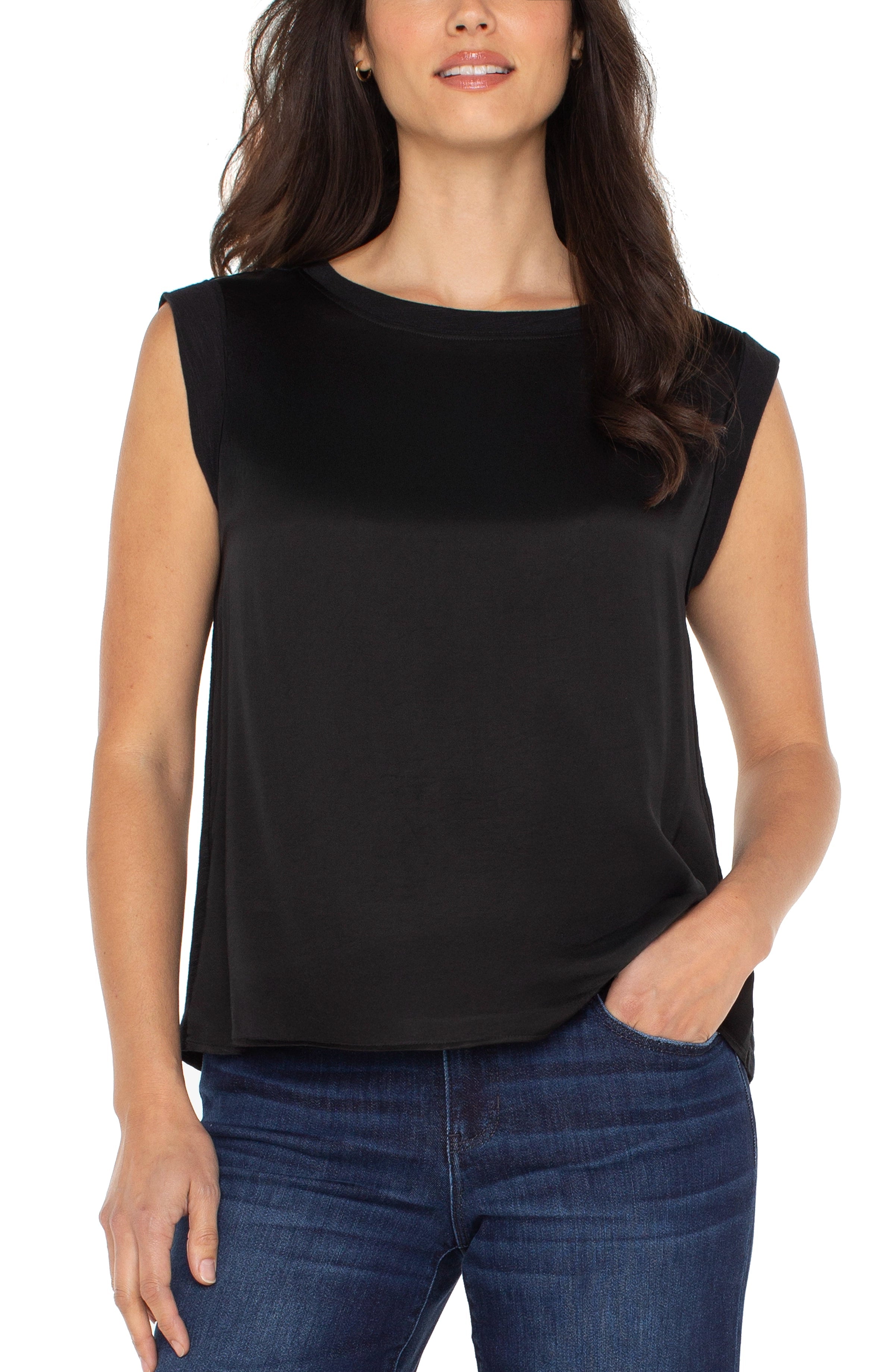 Sleeveless Woven To Knit Top - Black