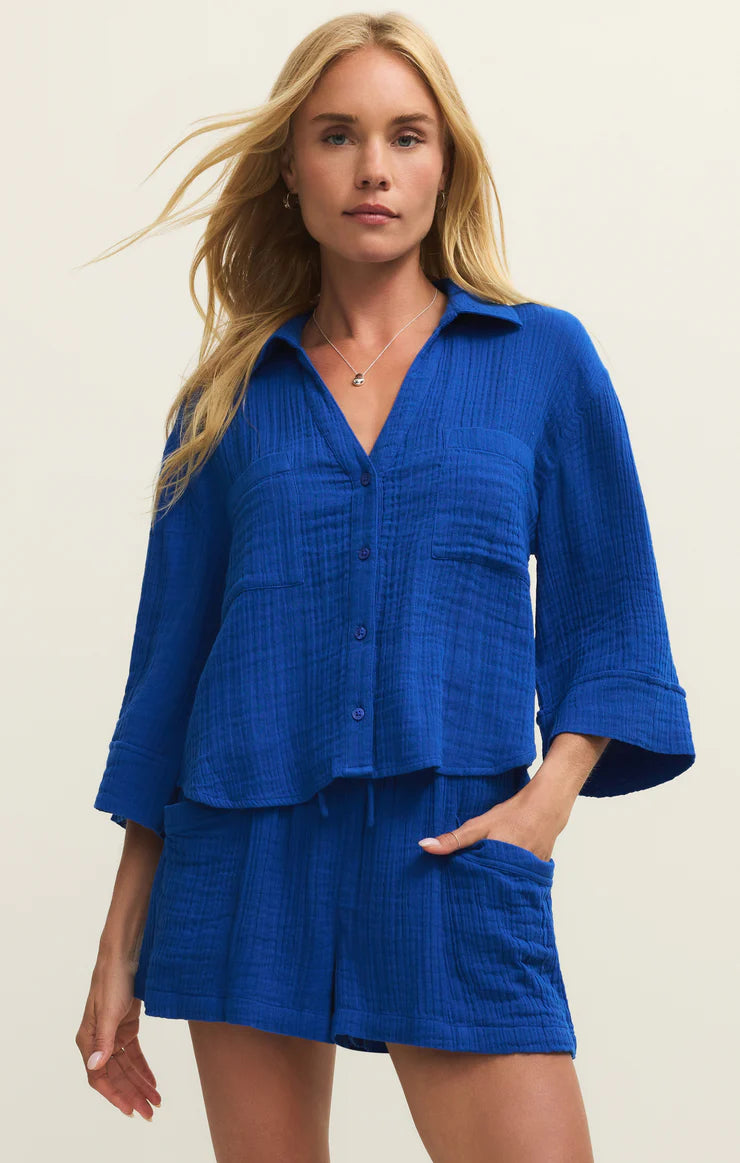 Helena Airy Button Up Nautical Cobalt Blue