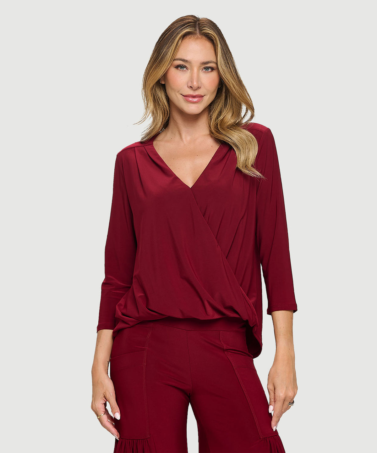 Burgundy V Neck Drape Sleeve Top
