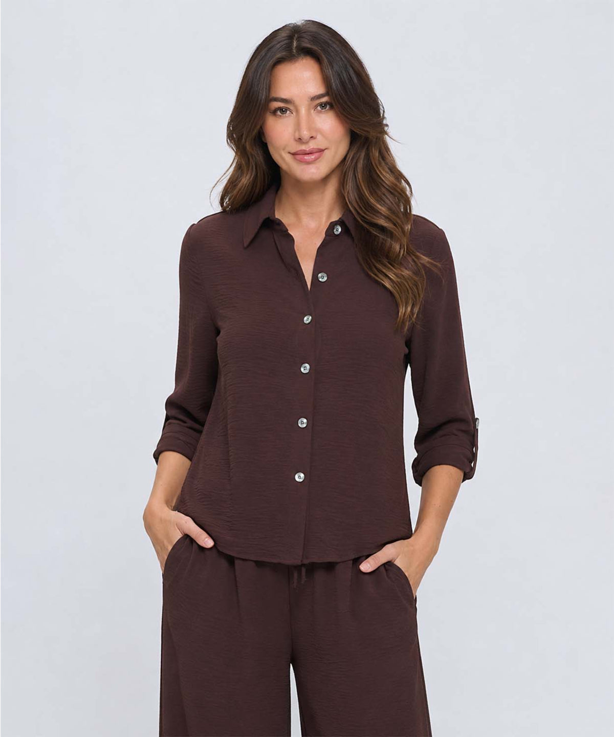 Brown Long Sleeve Button Up Top