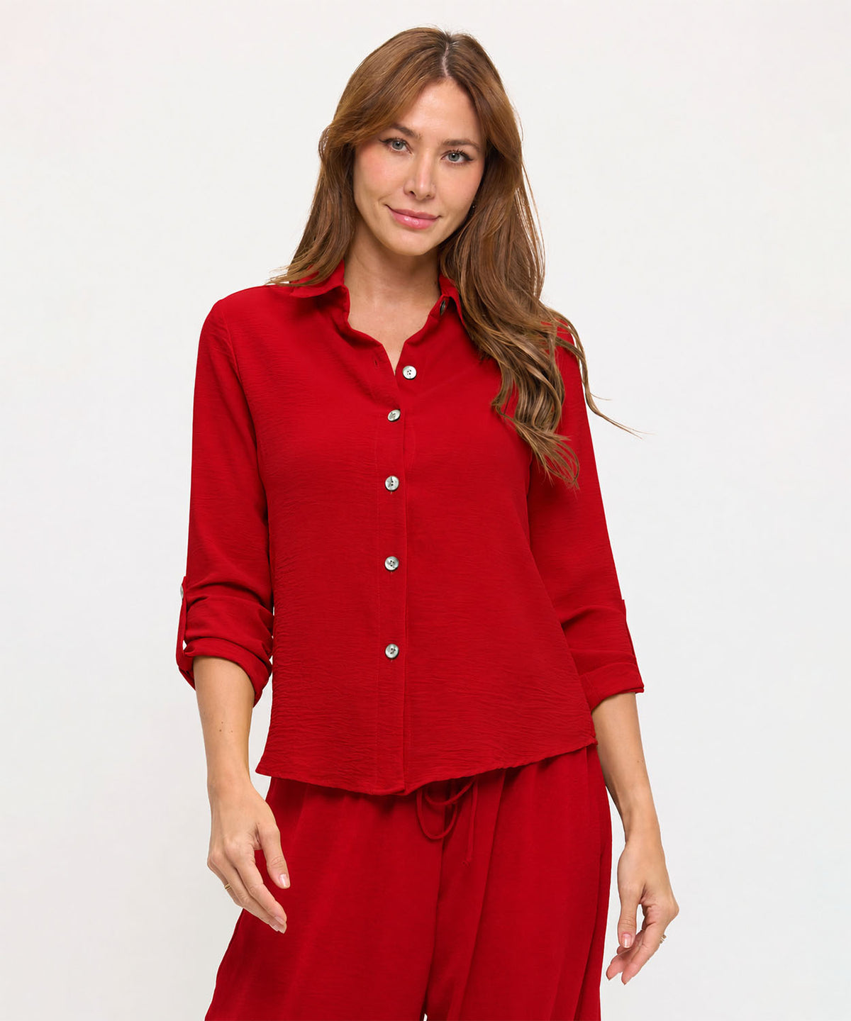 Red Long Sleeve Button Up Top